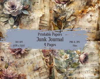 4 Rose Junk Journal Pages – Vintage Music Sheet, Grunge (Digital Download)