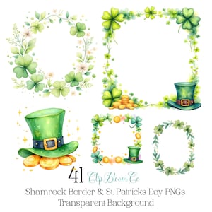 May include: Watercolor illustrations of St. Patrick's Day elements. Includes green shamrock borders, a green top hat with a gold buckle, and gold coins. The text reads "41 Clip Bloom Co" and "Shamrock Border & St. Patricks Day PNGs Transparent Background."