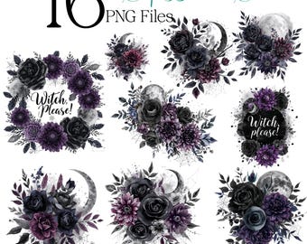 Gothic Floral Clipart – Witch - Dark Watercolor Flowers, Moon