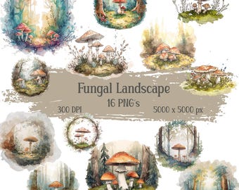 Watercolor Mushroom Clipart – Fantasy Fungal Landscape PNG (Digital Download)
