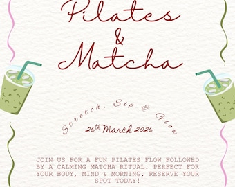 Pilates & Matcha Event Template | Editable Canva Invitation | Wellness Digital Download, Instant Download