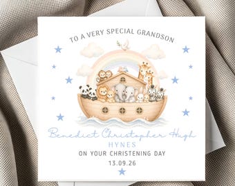 Carte de baptême personnalisée pour petit-fils, Carte de baptême pour petit-fils, Carte de baptême Arche de Noé, Carte de baptême pour petit garçon