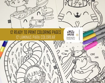 12 Ready to print set of cute coloring pages letter sized INSTANT DOWNLOAD