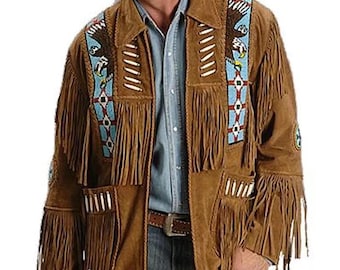 May include: Brown suede jacket with fringe and decorative beading. The jacket features turquoise and white accents, with a classic collar and a zipper closure. The jacket has a western or Native American design.