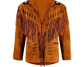 May include: A brown suede jacket with fringe detailing across the chest and sleeves. The jacket features a notched collar, two front pockets, and decorative stitching. The jacket has a button closure and is a classic western style.