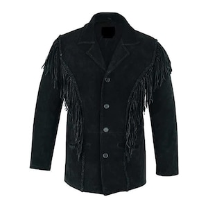 Men’s Black Suede Fringe Jacket – Western Cowboy Rodeo Leather Coat – Handmade Vintage Outwear
