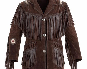 May include: A dark brown suede jacket featuring long fringe detailing across the chest, back, and sleeves. The jacket includes three silver-toned metal buttons, braided leather trim, decorative beadwork on the shoulders, and circular accents.