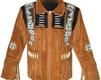 May include: A tan suede jacket featuring long fringe detailing on the chest and sleeves. The front displays black panels with white bone-like accents, light blue beaded eagle motifs, and circular beaded patches on the sleeves with a center zipper.
