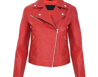 May include: A vibrant red leather jacket with a classic asymmetrical zipper closure. The jacket features a notched collar, silver hardware, and zippered pockets. The long-sleeved jacket is a bold fashion statement.