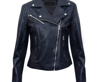 May include: A navy blue leather jacket with a classic asymmetrical zipper closure. The jacket features a notched lapel, silver zippers on the pockets and sleeves, and silver snap details on the collar. The jacket has a tailored fit.