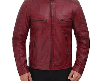 Giacca da motociclista da uomo in pelle di vacchetta fatta a mano - Giacca da motociclista slim fit in stile Café Racer