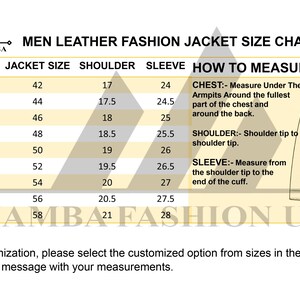 May include: A size chart for men's leather fashion jackets, in inches. The chart includes sizes XS to 5XL, with chest, jacket, shoulder, and sleeve measurements. A diagram illustrates how to measure chest, shoulder, and sleeve.