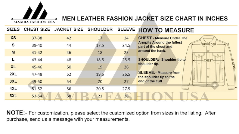 May include: A size chart for men's leather fashion jackets, in inches. The chart includes sizes XS to 5XL, with chest, jacket, shoulder, and sleeve measurements. A diagram illustrates how to measure chest, shoulder, and sleeve.