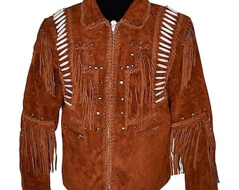 May include: Brown suede jacket with fringe detailing on the sleeves, chest, and back. The jacket features white bead accents along the shoulders and a zipper closure. A classic western-style jacket.