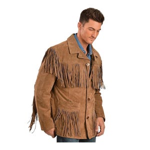 Men’s Western Suede Leather Fringe Jacket – Cowboy Rodeo Style Coat – Vintage Brown Handmade Outwear