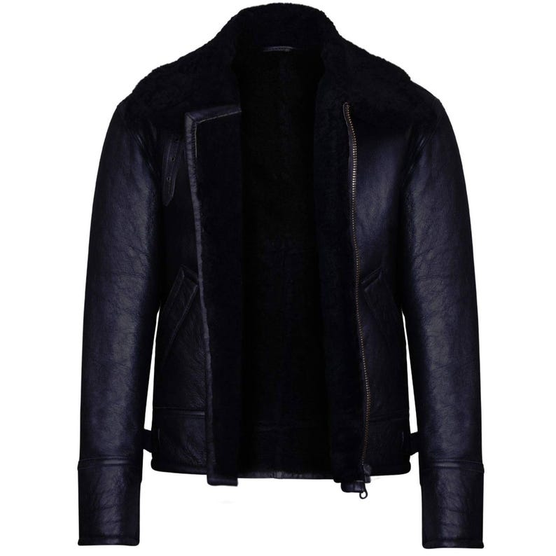 May include: A navy blue leather jacket with a shearling collar and lining. The jacket features a zip closure, side pockets, and adjustable cuffs. The jacket is a classic style, suitable for cold weather.
