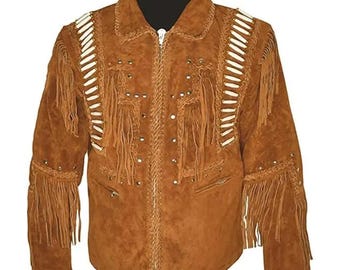 May include: A brown suede jacket featuring long fringe detailing on the sleeves and chest, accented with white bone-like beads, silver-toned metal studs, and braided leather trim. The jacket includes a front zipper closure and a standard collar.
