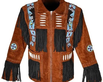 May include: Brown suede jacket with black fringe and intricate beadwork in blue, white, and red. Features a zipper closure and decorative circular patches on the sleeves. A unique, handcrafted piece.