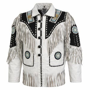 Vintage wit suèdeleren westernjack: franje, kralen, kwastjes