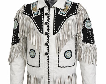 Vintage White Suede Leather Western Jacket: Fringe, Beads, Tassels