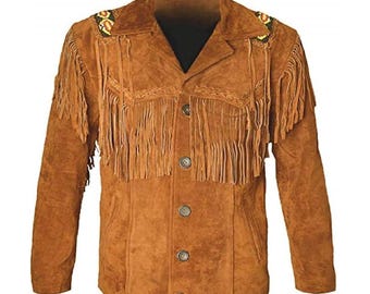 May include: Brown suede jacket with fringe detailing across the chest and sleeves. The jacket features decorative beading on the shoulders and a button-up front. A classic western-inspired garment.