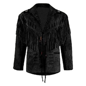 Men’s Black Suede Fringe Jacket – Western Cowboy Leather Coat, Rodeo & Country Concert Outfit