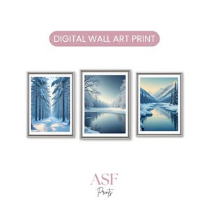 Winter Pine Forest Print Set of 3, Snowy Lake, Rustic Christmas Decor, Digital Download