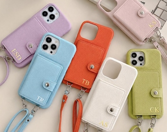 Leather iPhone Wallet Case, Crossbody Strap Phone Cover, Personalized case