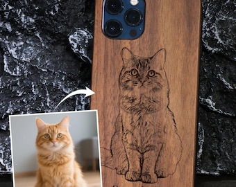 Benutzerdefiniertes Logo eingraviert auf iPhone-Hülle aus echtem Holz mit Haustierfoto + Name
