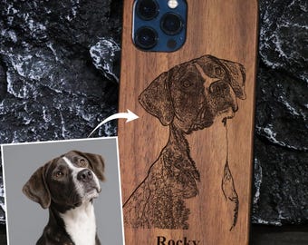 Individuelles Logo eingraviert auf Echtholz iPhone Hülle mit Haustierfoto + Name Individuelle Hunde Handyhülle, Individuelle Katzen Handyhülle, Personalisierte Handyhülle