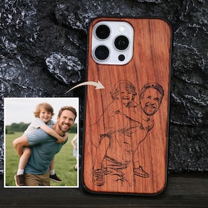 May include: A wooden phone case with a laser-etched image of a man carrying a child on his back. The case has a natural wood grain finish and a black border. A small photo of the same scene is in the corner.