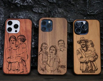 Mit Ihrem Kinderfoto / Logo, Custom Logo eingraviert auf Echtholz iPhone Case, für 17 Air, 16 Por Max, 15, Samsung S23/S24/S25 Plus, New Dad Geschenke