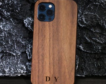Personalisierung Hölzerne Initial iPhone & Samsung Hülle, iPhone 17 Air, 16 Pro Max, 15, Samsung S23/S24/S25 Plus (alle Modelle)