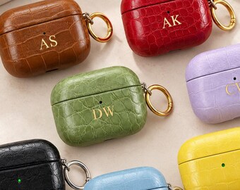 Personalized Crocodile Leather AirPods Case/Cover with Clip Cases – Custom Embossed Gold Foil Initial