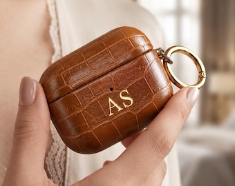 Personalised AirPods Case | AirPods Pro 3 Case | AirPods 4 Case | AirPods 3 | AirPods 2, Gold Embossed Initials Cover on Crocodile Leather