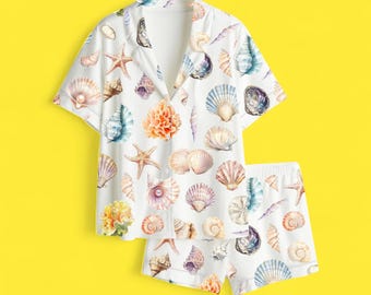Women’s Ocean Seashell Pajama Set, Coastal Beach Wedding Sleepwear