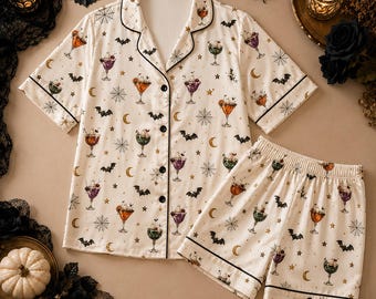 Spooky Cocktail Halloween Silk Pajamas Set, Ghost Drink Satin PJ Set, Whimsical Witchy Sleepwear, Fall Gift for Her
