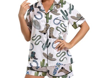 Conjunto de pijama vaquero occidental para mujer, estampado de cactus y botas, ropa de estar por casa de satén.