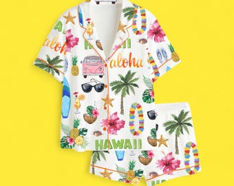 Brushed Silk Aloha Pajama Set, Tropical Hibiscus Beach Lounge Wear