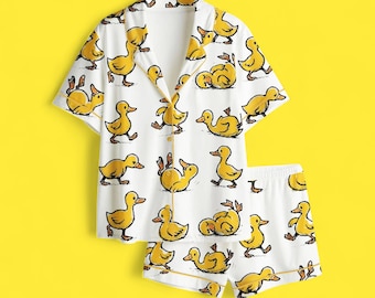 Funny Ducks Pajama Set, Sarcastic Not All In A Row Print PJs, y Satin Sleepwear Cute Animal Loungewear Set