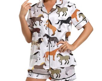 Conjunto de pijama para mujer con estampado de caballos de varias razas, ropa de estar por casa de satén con estampado de ponis coloridos.