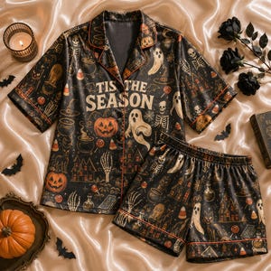 Halloween Tis the Season Silk Pajamas Set, Spooky Black Cat Ghost Satin PJ Set, Gothic Witchy Sleepwear Gift Her