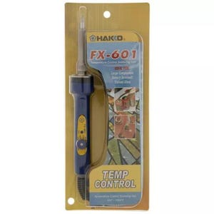 May include: A blue and yellow HAKKO FX-601 temperature control soldering iron. The packaging includes the text "TEMP CONTROL" and "IDEAL FOR Large Components, Battery Terminals, Stained Glass."
