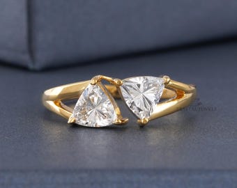 Trillion Cut Lab Grown Diamond Toi et Moi Ring, 14k Yellow Gold
