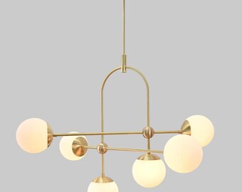 6 Globe Stilnovo Style Brushed Brass Sputnik Ceiling Pendant Light Chandelier Fixture - Living Room - Kitchen decor - Handmade