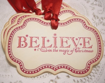 Christmas Gift Tags / Holiday Tags / Set of 4 / Believe in the Magic of Christmas / Vintage / Stickers