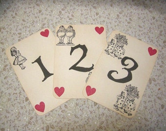 Alice in Wonderland Table Numbers - double sided ephemera vintage style shabby chic style red queen heart white rabbit mad hatter cheshire