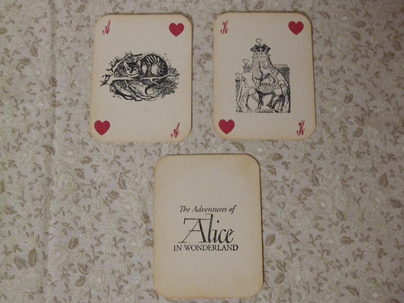 Alice in Wonderland Playing Cards Set of 14 Cards ephemera, vintage style, red queen, heart, white rabbit, mad hatter, cheshire cat Stamped/Distressed