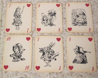 Alice in Wonderland Playing Cards - Set of 14 Cards - ephemera, vintage style, red queen, heart, white rabbit, mad hatter, cheshire cat