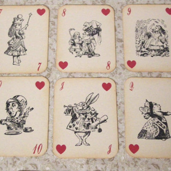 Alice in Wonderland Playing Cards - Set of 14 Cards - ephemera, vintage style, red queen, heart, white rabbit, mad hatter, cheshire cat